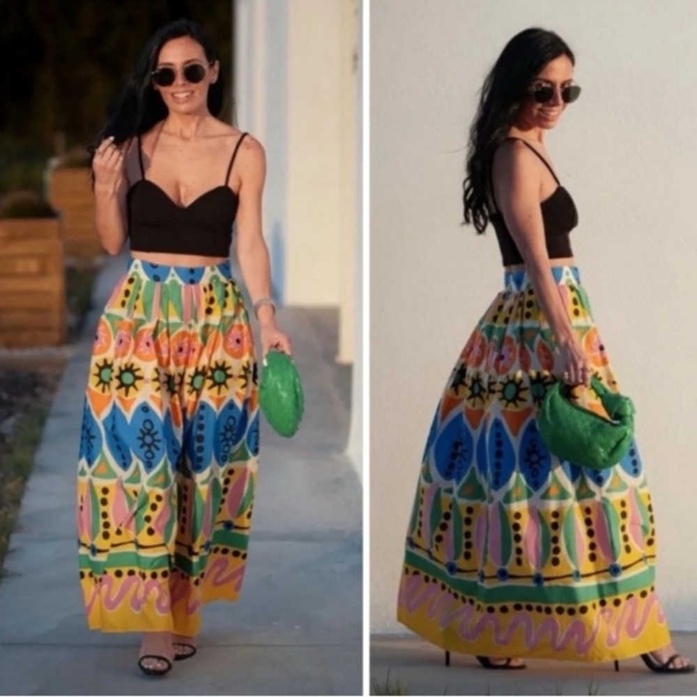 ZARA Colorful Bright Cotton Abstract Batik African Print Pleated Maxi Skirt NWT - Picture 2 of 13